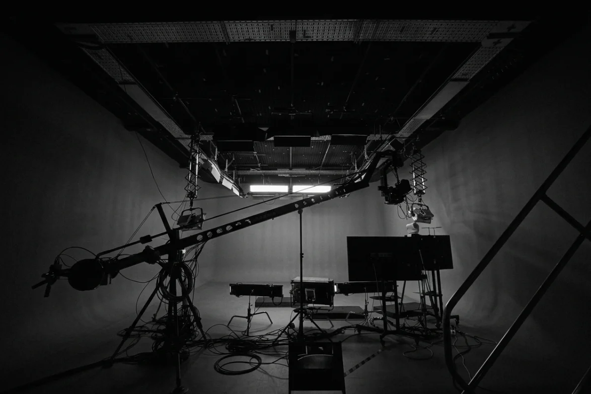 Blixem Productions studio rigged with camera jib, lighting and monitors
