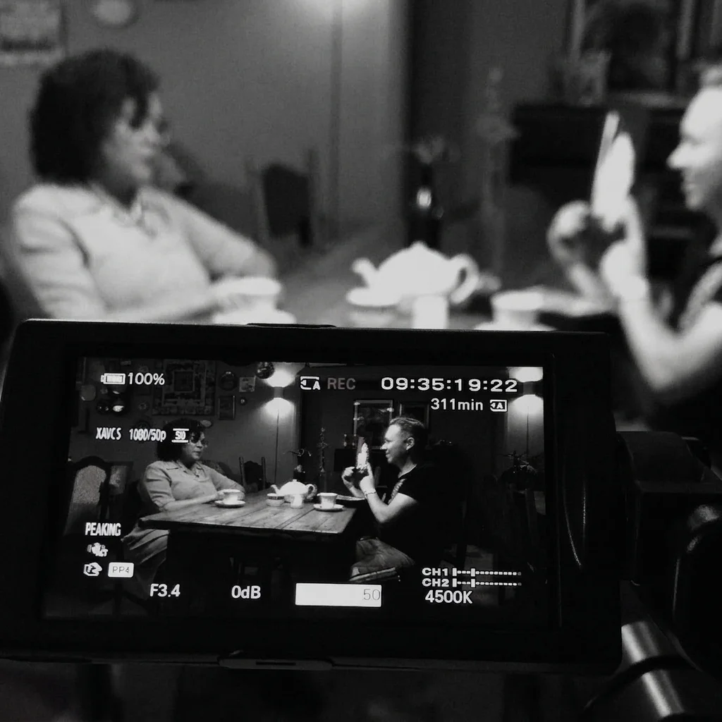 Clapperboard marked Blixem Productions on a location shoot